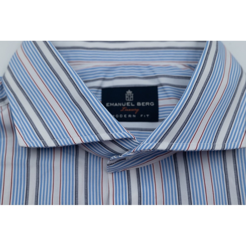 Emanuel Berg Luxury Modern Fit Blue White Red Stripe Dress Shirt Mens 16.5 L